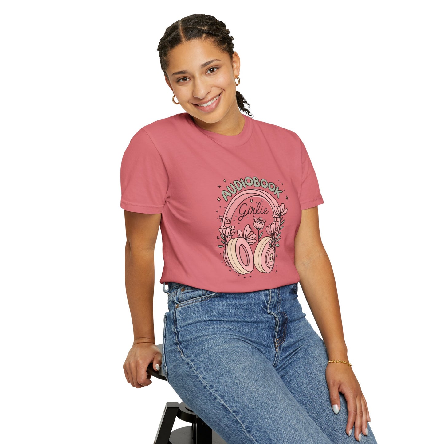 "Audiobook Girlie" T-Shirt — Floral Headphones Graphic Tee