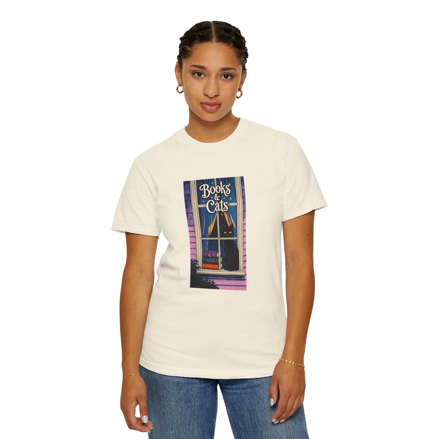 "Books & Cats" T-Shirt — Cozy Bookshop Window Graphic Tee