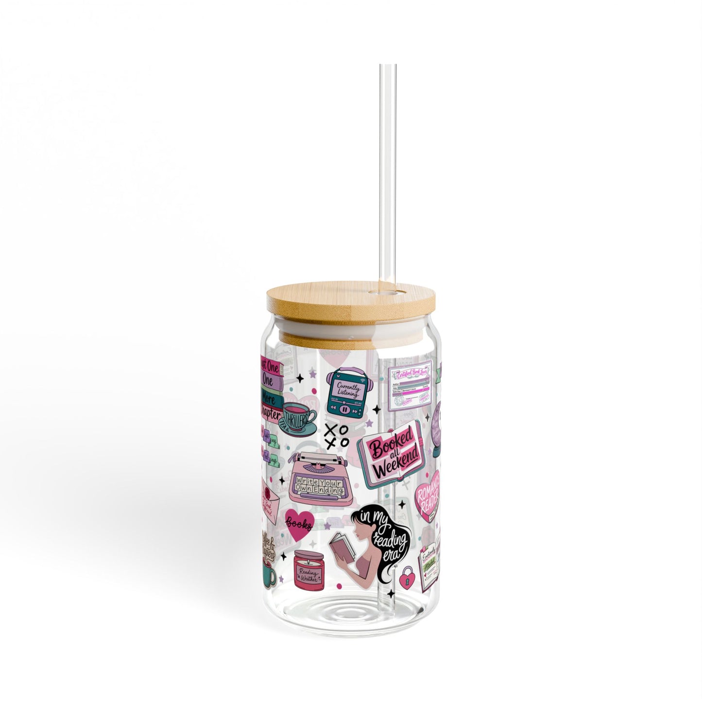 Romance Reader 16oz Sipper Glass with Retro Pink Sticker Collage