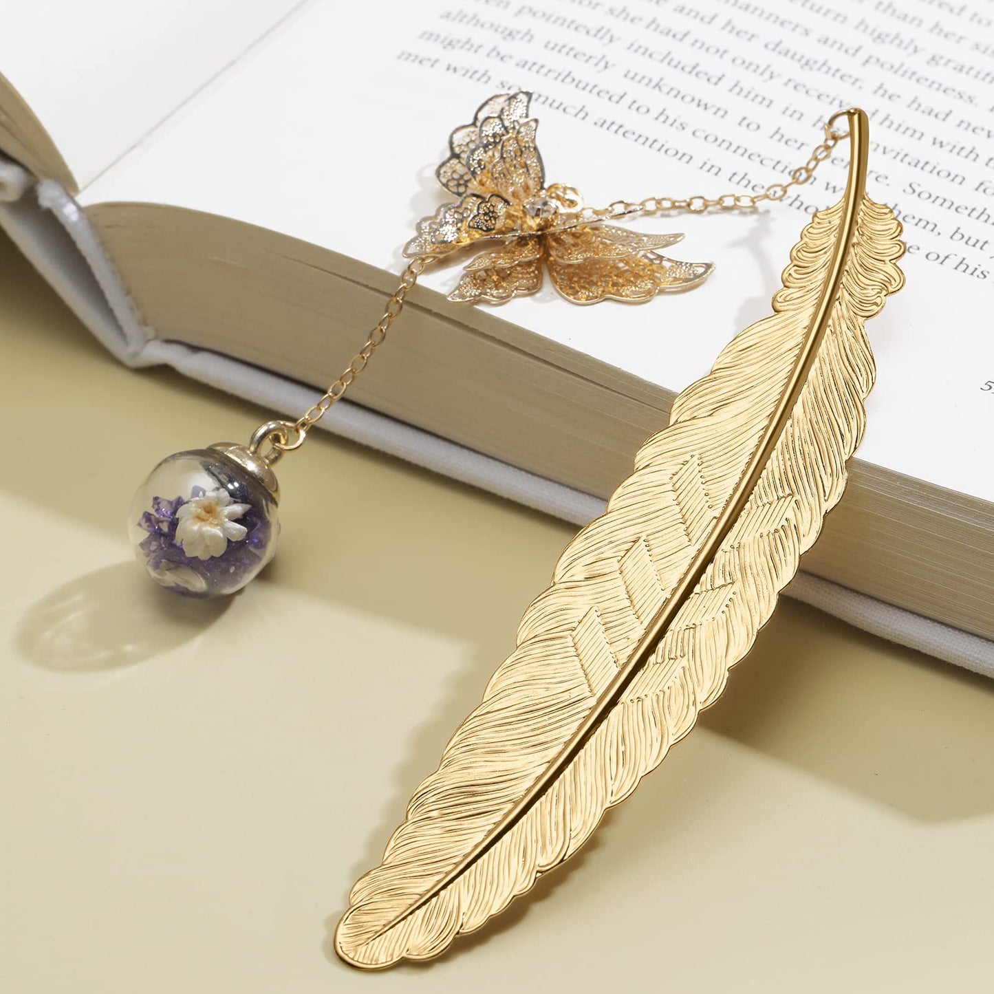 Jiazhenep Metal Feather Bookmark with Butterfly Charms,Mothers Day Christmas Gifts,Teacher Appreciation Gifts Bookmarks for Women Grils Mom Readers Book Lovers