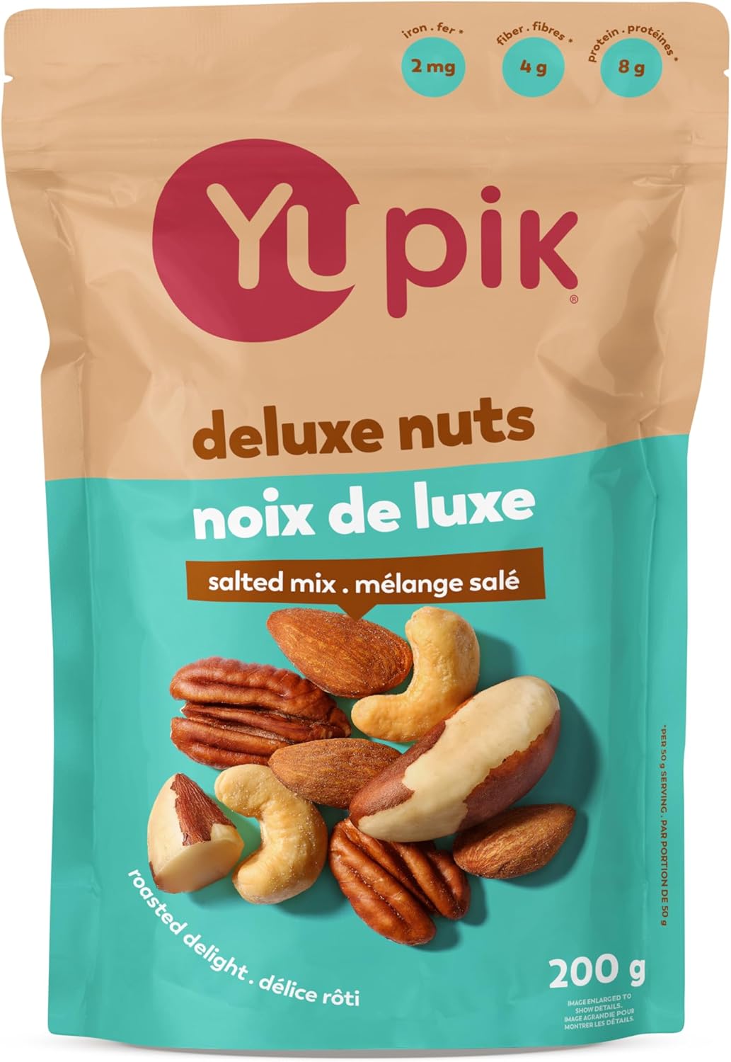Mélange de noix de luxe Yupik, rôties salées, 200 g, Casher, Sans gluten, Sans OGM, Savoureux mélange d'amandes, de noix de cajou, de noix du Brésil, de noisettes et de pacanes, Mélange montagnard croquant, Collations protéinées nutritives