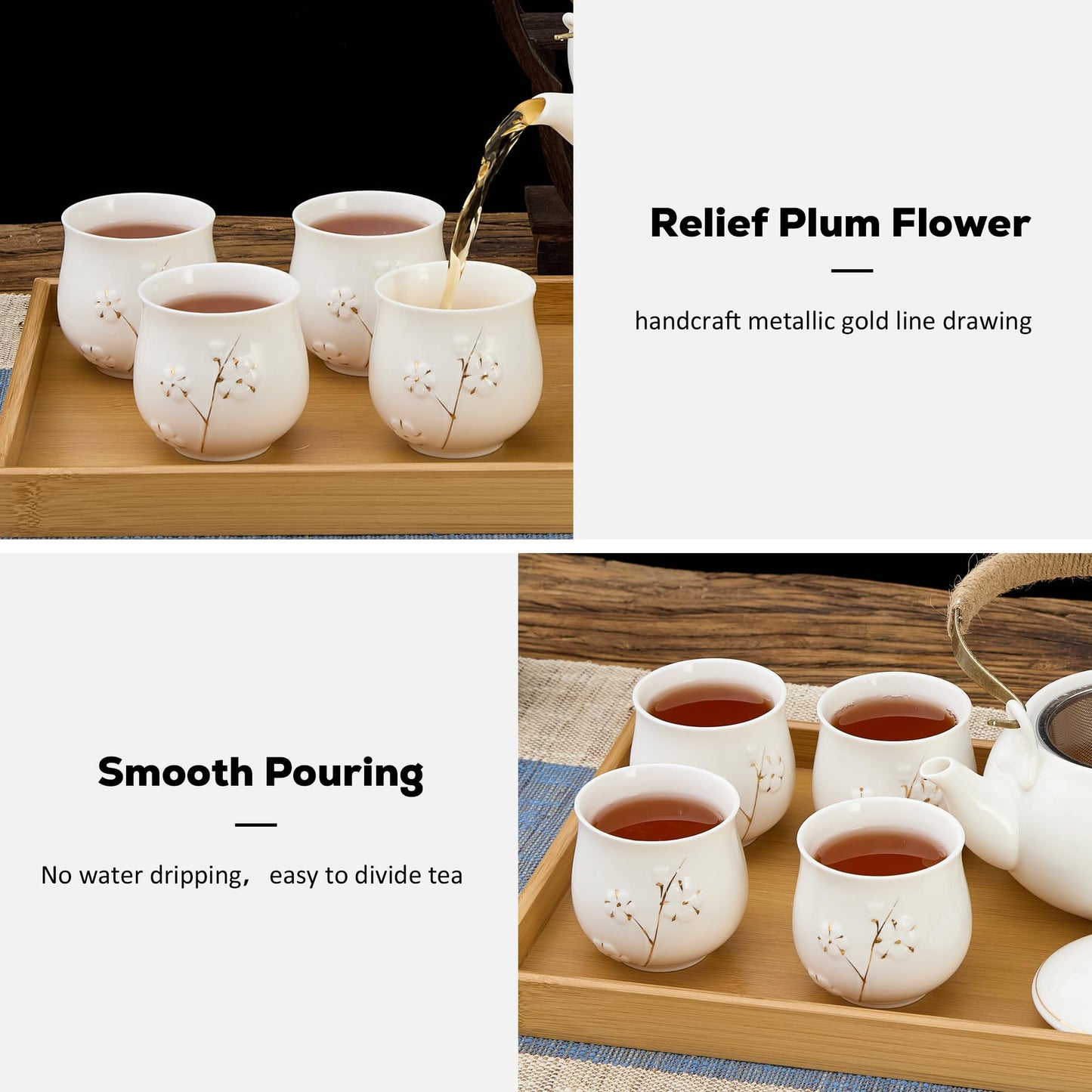 Service à Thé Japonais Dujust, Service à Thé en Porcelaine Noire avec 1 Théière, 6 Tasses à Thé, 1 Plateau de Service, 1 Infuseur en Acier Inoxydable, Magnifique Service à Thé Asiatique pour les Amateurs de Thé/Femmes/Hommes (Campagne Dorée)