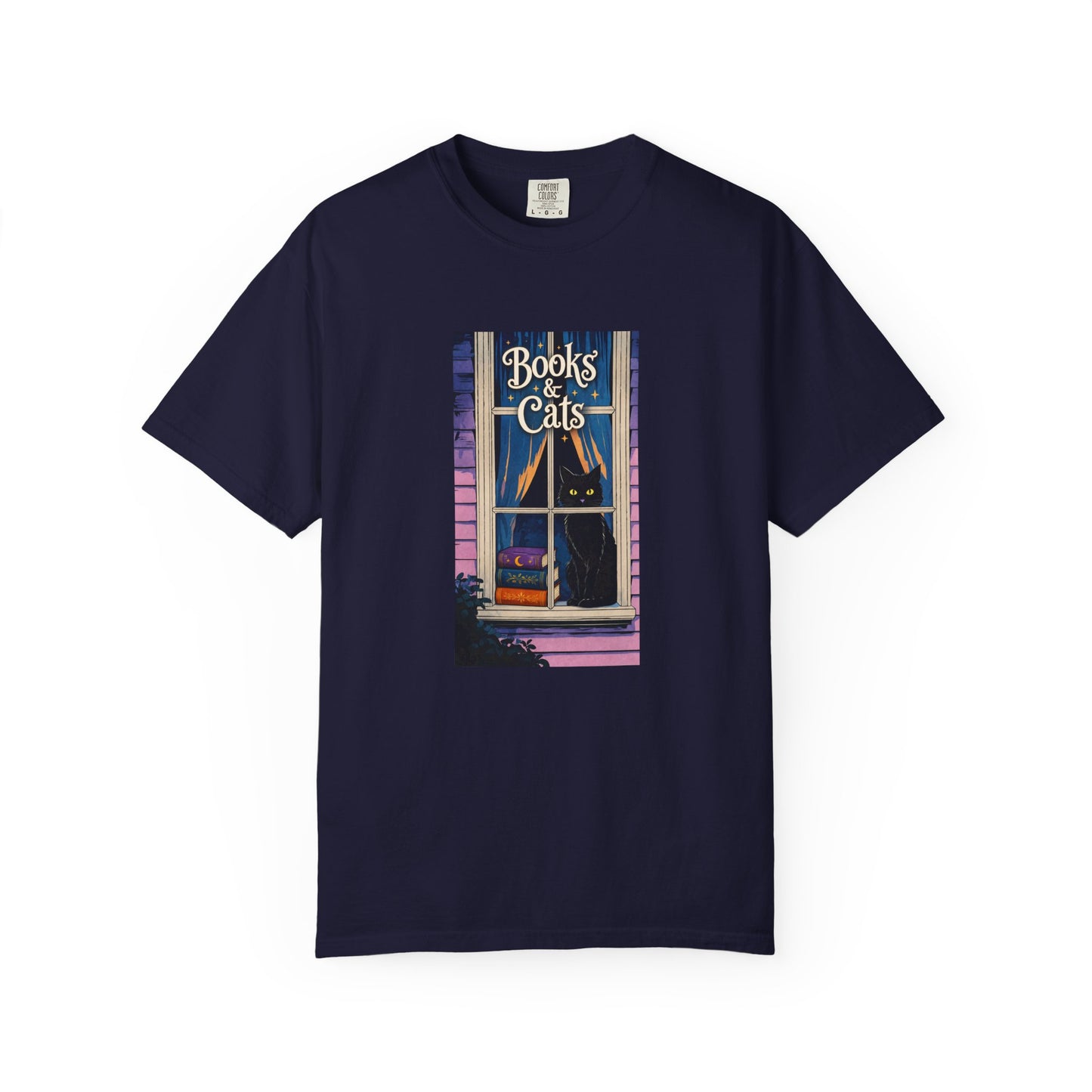 "Books & Cats" T-Shirt — Cozy Bookshop Window Graphic Tee