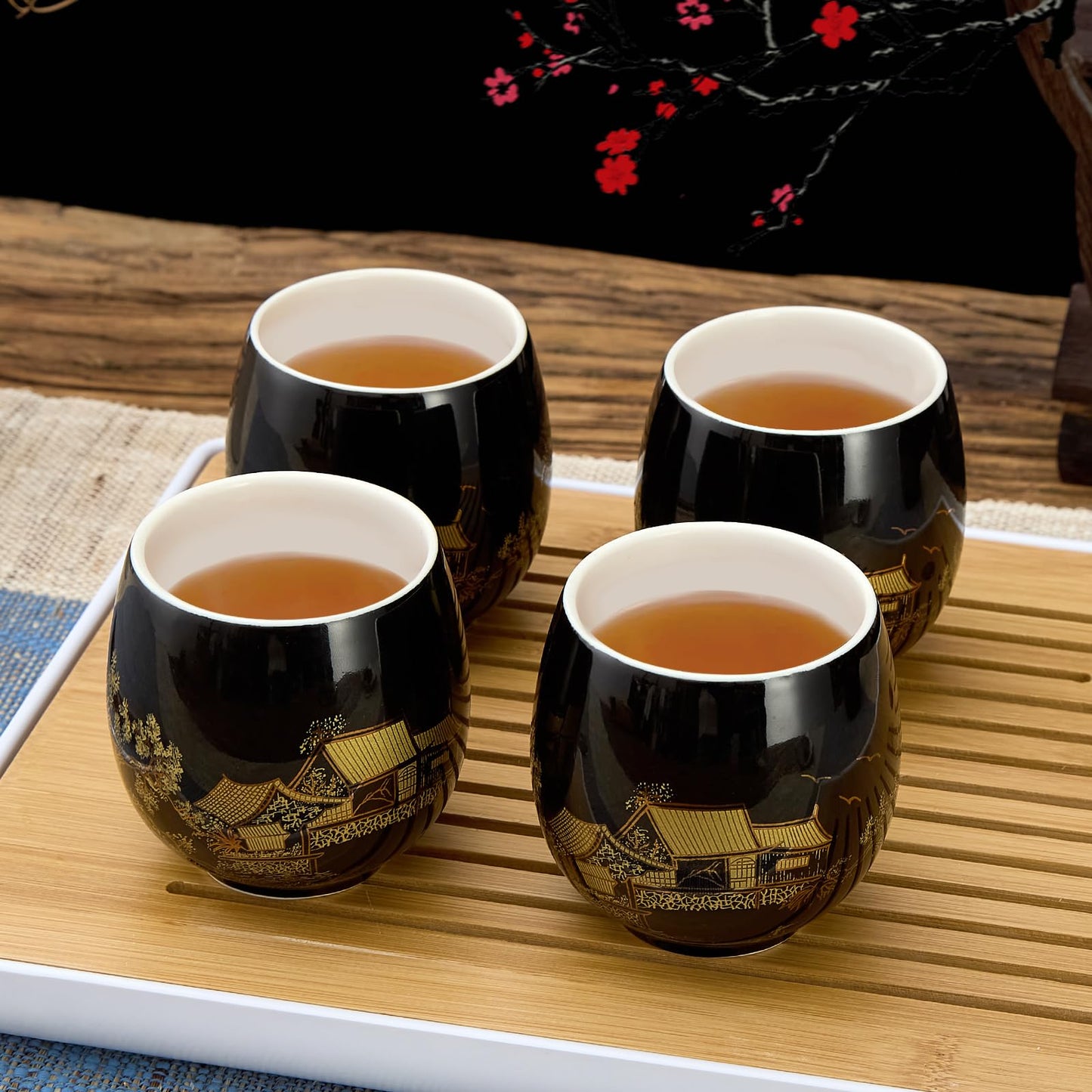 Service à Thé Japonais Dujust, Service à Thé en Porcelaine Noire avec 1 Théière, 6 Tasses à Thé, 1 Plateau de Service, 1 Infuseur en Acier Inoxydable, Magnifique Service à Thé Asiatique pour les Amateurs de Thé/Femmes/Hommes (Campagne Dorée)