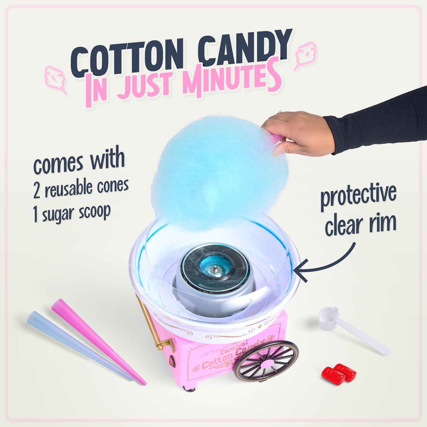 Nostalgia PCM306PK Vintage Hard and Sugar Free Countertop Original Cotton Candy Maker, Includes 2 Reusable Cones, Scoop – Pink