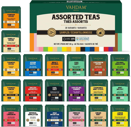 VAHDAM, Assorted Tea Sampler (20 Delicious Variety, 40 Individually Wrapped Pyramid Teabags) Long Leaf Premium Teas I Tea Gift Set for Mom | Mother’s Day Gift I Gift Ideas for Tea Lovers