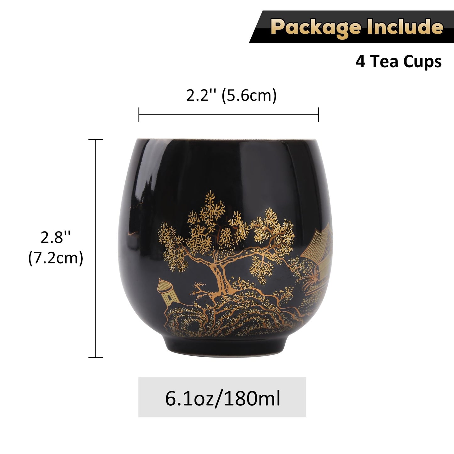 Service à Thé Japonais Dujust, Service à Thé en Porcelaine Noire avec 1 Théière, 6 Tasses à Thé, 1 Plateau de Service, 1 Infuseur en Acier Inoxydable, Magnifique Service à Thé Asiatique pour les Amateurs de Thé/Femmes/Hommes (Campagne Dorée)