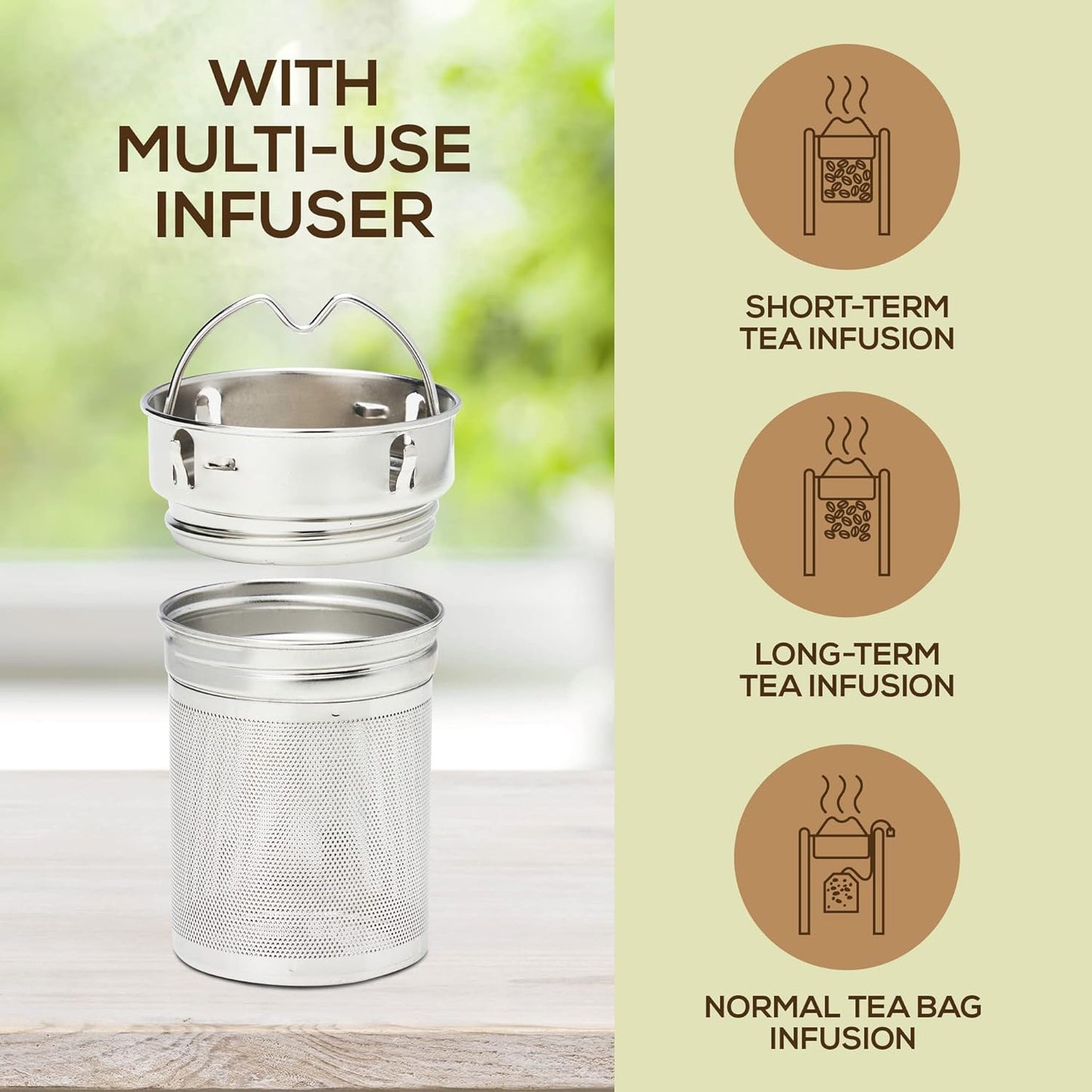 Bouteille à thé en bambou durable avec infuseur – 12h chaud et froid – Acier inoxydable à double paroi sous vide
