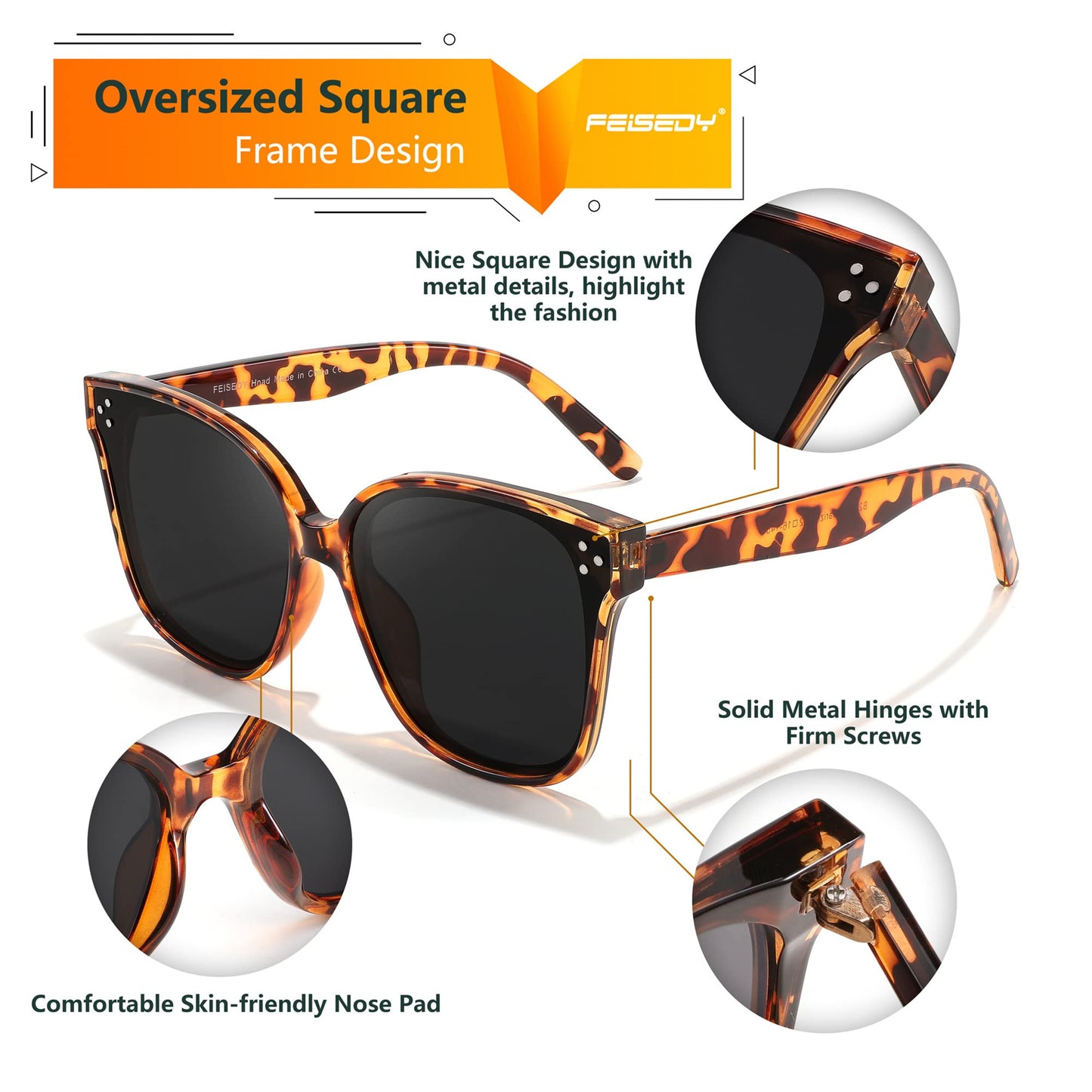 FEISEDY Lunettes de soleil polarisées carrées surdimensionnées rétro pour femmes et hommes, style minimaliste B2600