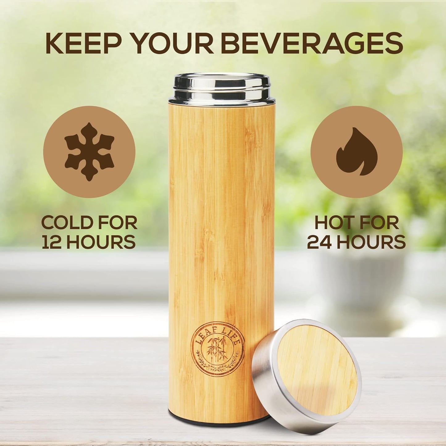 Bouteille à thé en bambou durable avec infuseur – 12h chaud et froid – Acier inoxydable à double paroi sous vide
