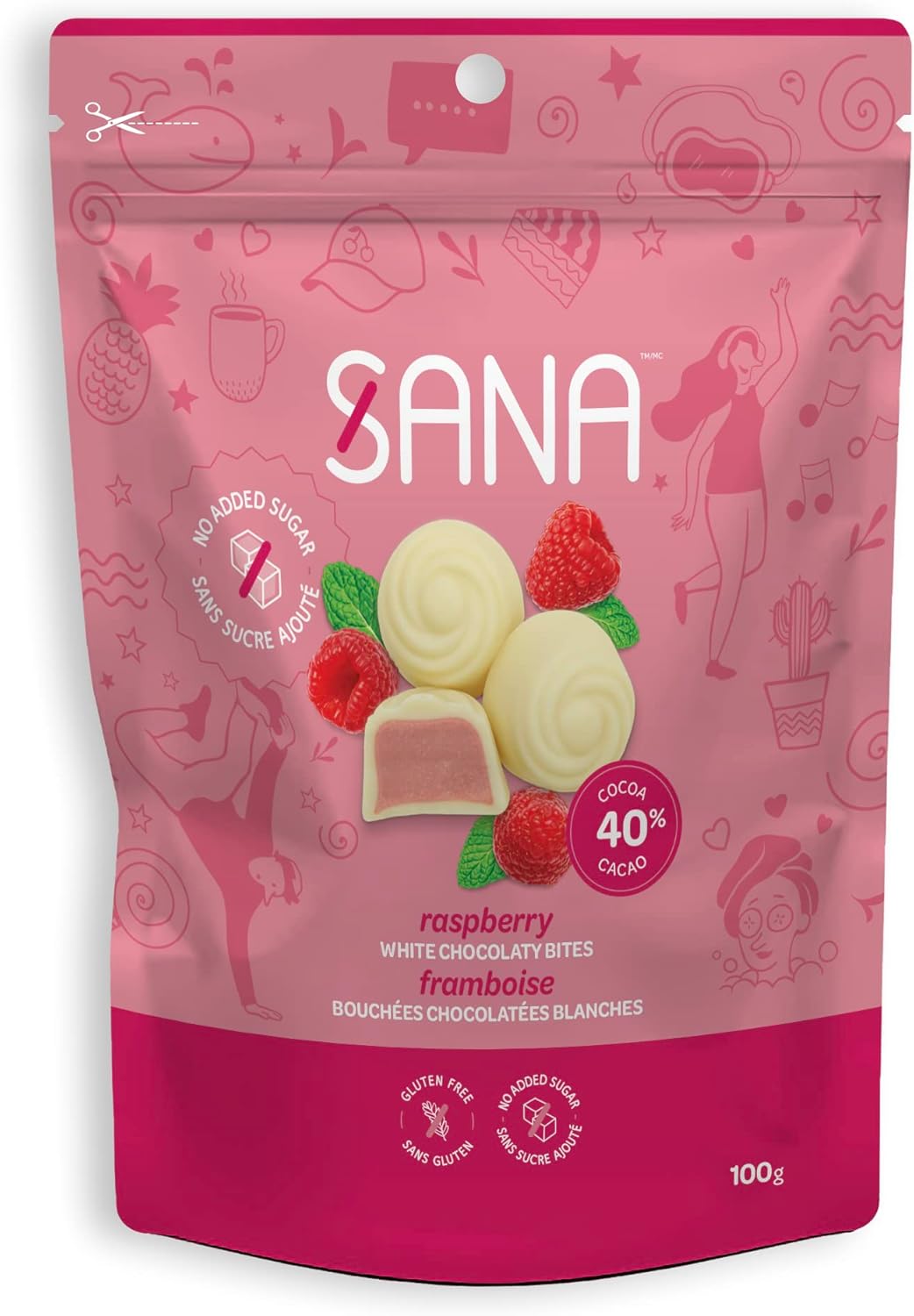 SANA Raspberry White Chocolaty Bites 40% Cocoa, Keto Friendly, Low Carb, No Sugar Added, Diabetic Friendly, Made in Canada, 100 grams
