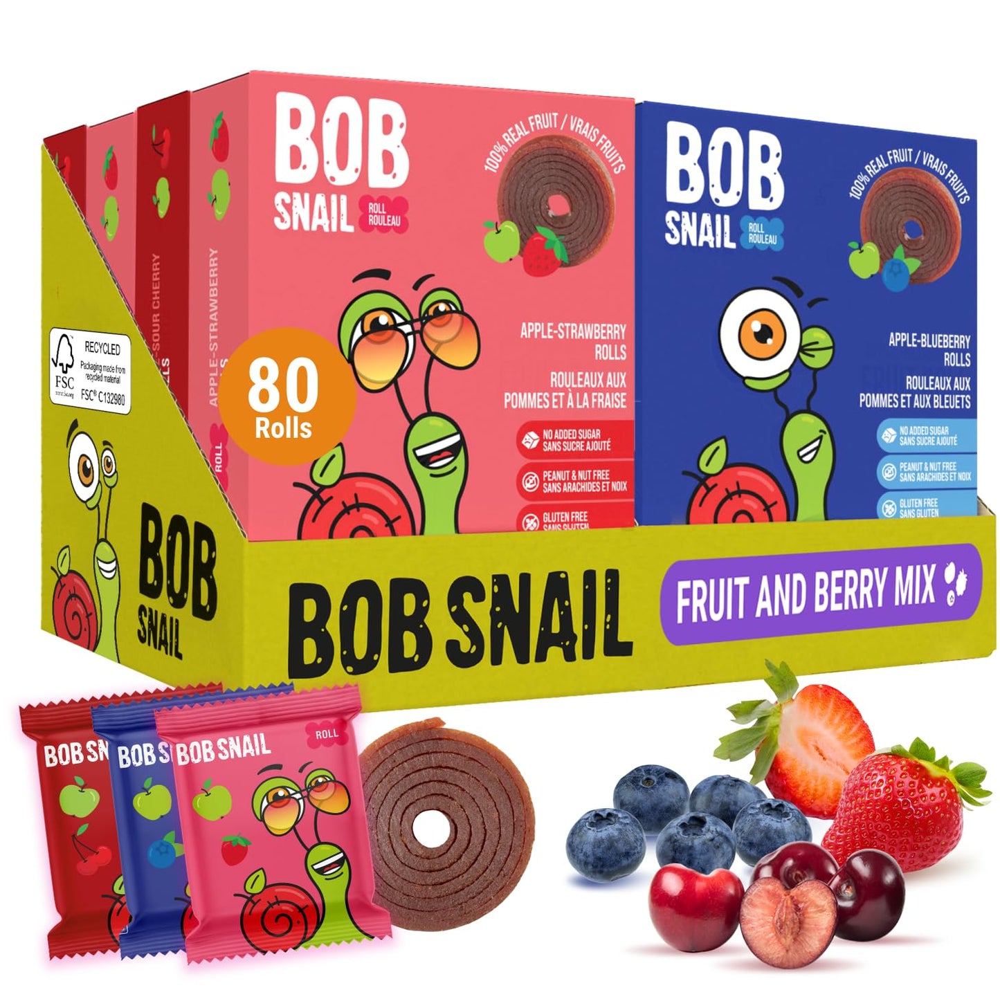 Bob Snail Fruit Roll Ups – Healthy Sweets Snacks, Real Dried Fruits, No Added Sugar, Vegan, Nut Free, Candy for Adults, Kids, with Blueberry, Raspberry, Strawberry – Bulk gift Box 80 pcs Rolls, 800g