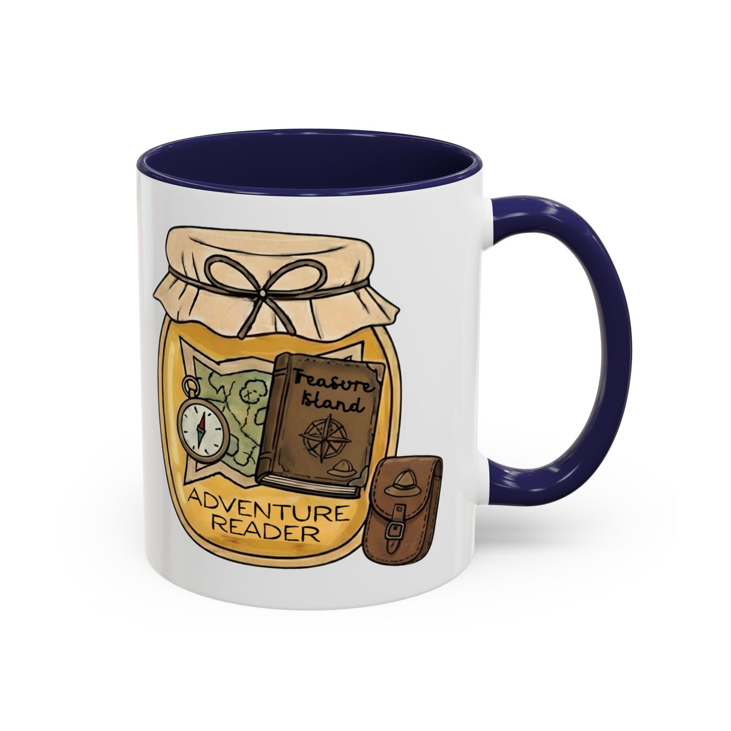 "Adventure Reader" Accent Coffee Mug — Bookish Travel Compass & Treasure Jam Jar Design