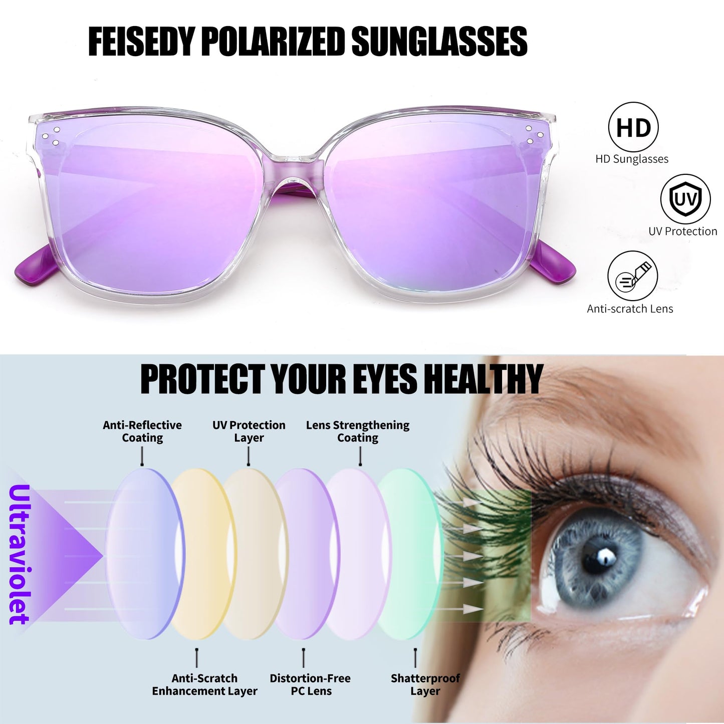 FEISEDY Lunettes de soleil polarisées carrées surdimensionnées rétro pour femmes et hommes, style minimaliste B2600