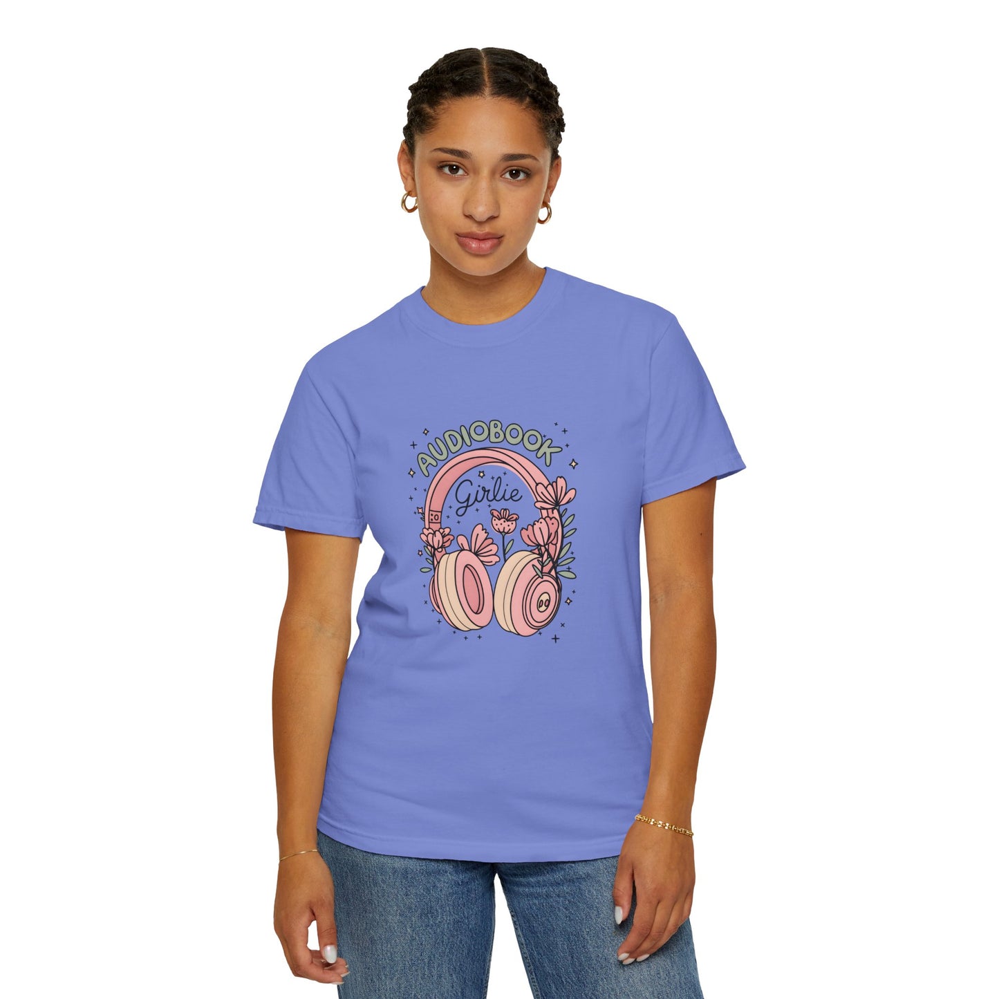"Audiobook Girlie" T-Shirt — Floral Headphones Graphic Tee