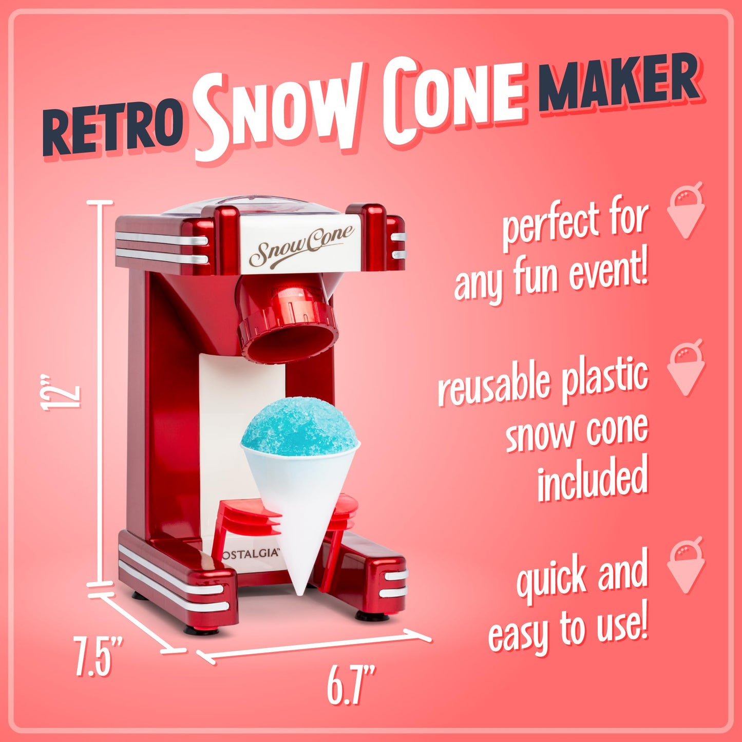 Nostalgia RSM702BUN Retro Series Single Snow Cone Maker with Syrup Party Kit, One Size, Red