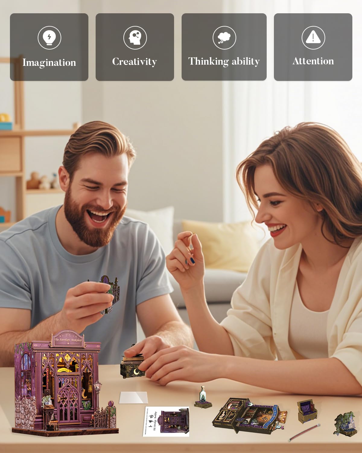 Cutefun Book Nook Kit, DIY Miniature House Kit for Adults, 3D Wooden Puzzle Mini House Building Kit with LED, Dollhouse Kit Bookshelf Insert Decor Creative Gifts for Teens (The Astrology Bookshop)