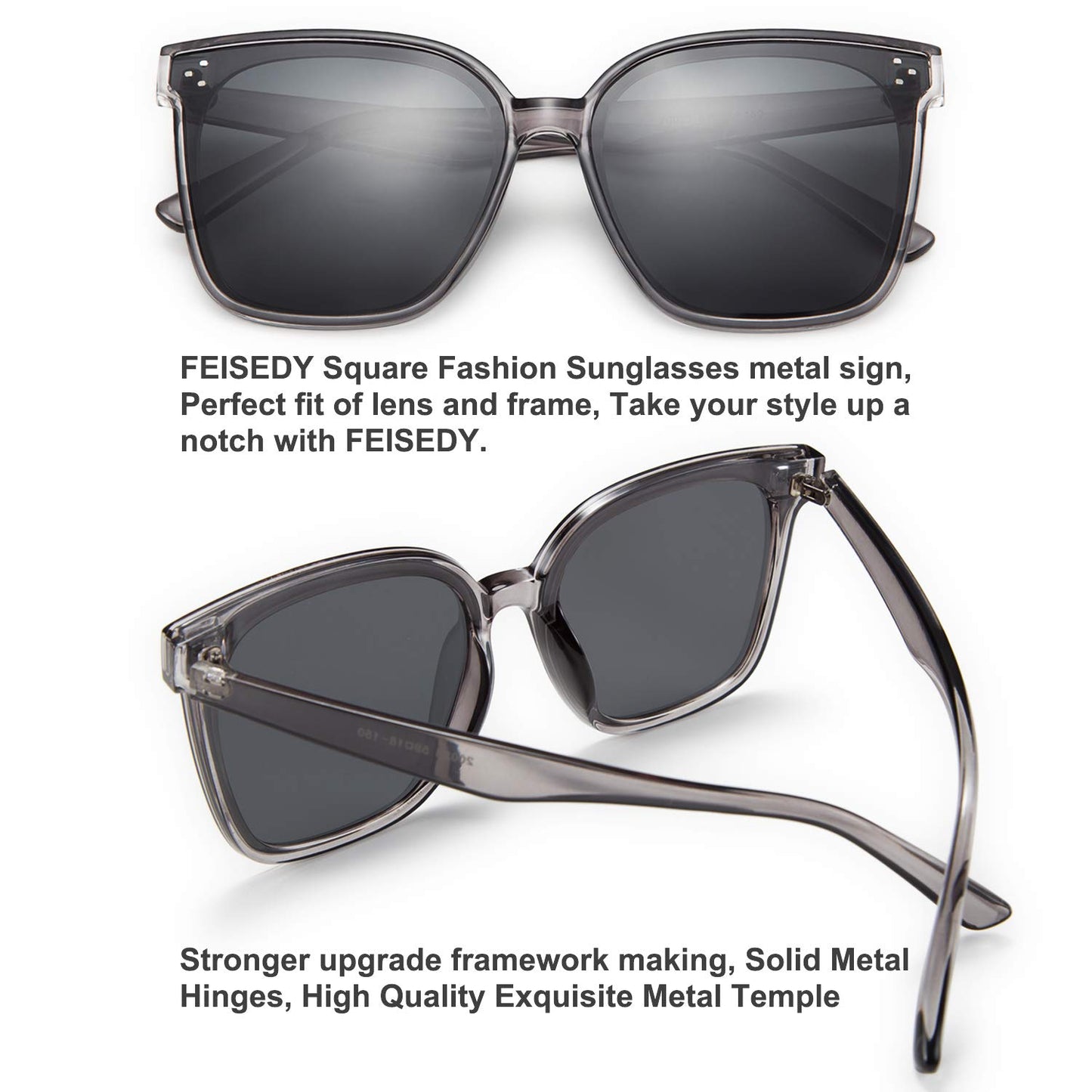 FEISEDY Lunettes de soleil polarisées carrées surdimensionnées rétro pour femmes et hommes, style minimaliste B2600