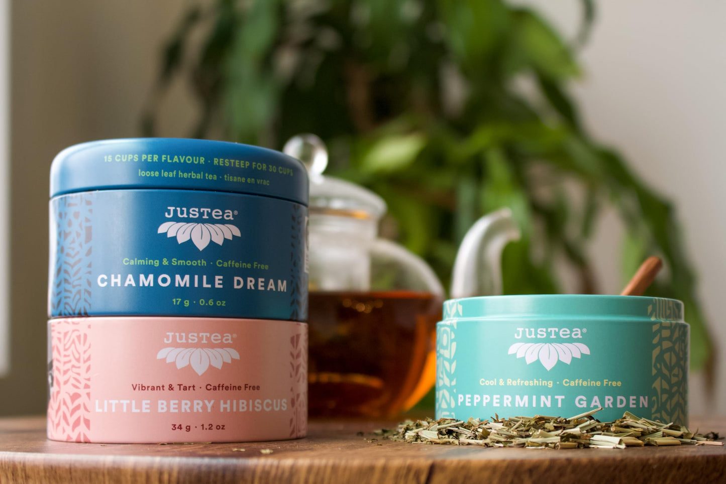 JusTea – Herbal Tea Trio – Variety Pack – Loose Leaf + Carved Spoon - Canadian Distribution - Ships Free Within Canada on Orders Above CAD $199