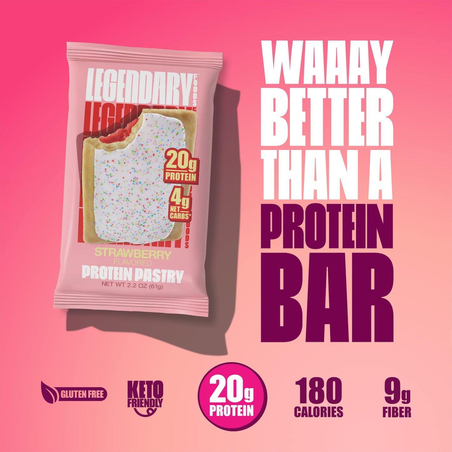 Legendary Foods 20 gr Protein Pastry | Low Carb Tasty Protein Bar Alternative | Keto Friendly | No Sugar Added | High Protein Snacks | On-The-Go Breakfast | Gluten Free Keto Food - Strawberry (10-Pack)