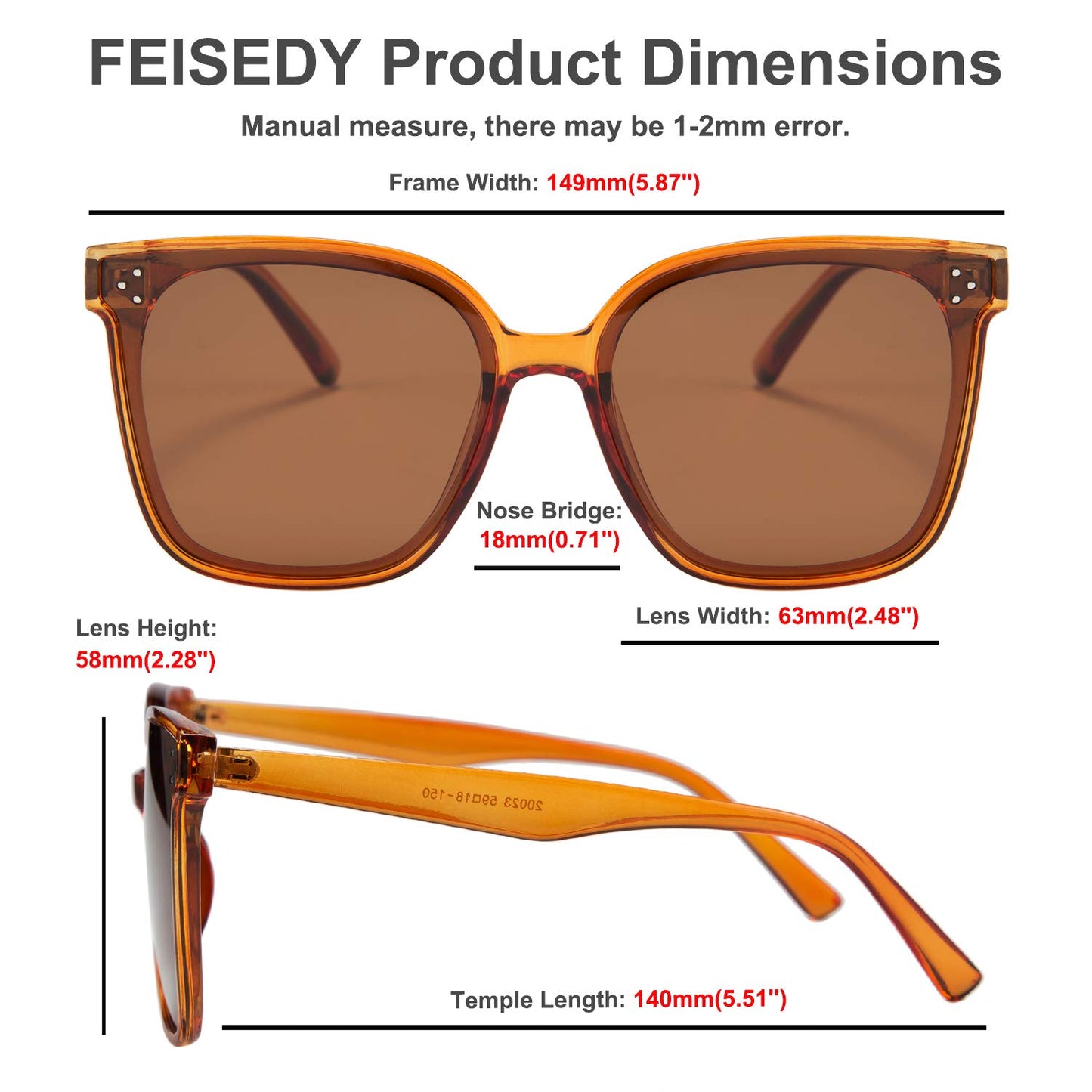 FEISEDY Lunettes de soleil polarisées carrées surdimensionnées rétro pour femmes et hommes, style minimaliste B2600