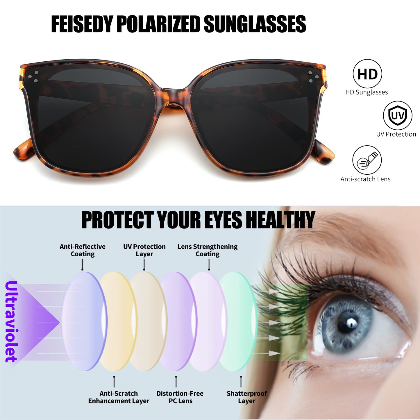 FEISEDY Lunettes de soleil polarisées carrées surdimensionnées rétro pour femmes et hommes, style minimaliste B2600