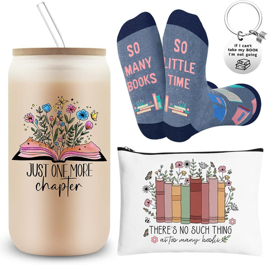 JTAMOHI 4 PCS Book Lover Gifts for Women, 16 Oz Drinking Glass Cup Gift Set for Book Lovers, Book Themed Gift, Book Lovers Gifts for Reading Lovers, Girl Friend Mothers Day, Birthday, Christmas