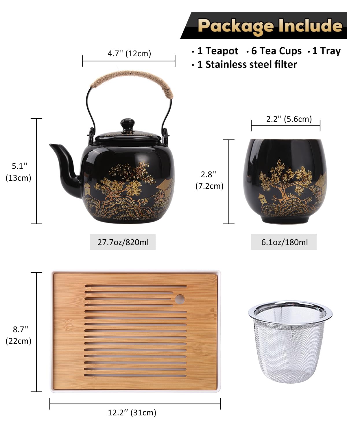 Service à Thé Japonais Dujust, Service à Thé en Porcelaine Noire avec 1 Théière, 6 Tasses à Thé, 1 Plateau de Service, 1 Infuseur en Acier Inoxydable, Magnifique Service à Thé Asiatique pour les Amateurs de Thé/Femmes/Hommes (Campagne Dorée)