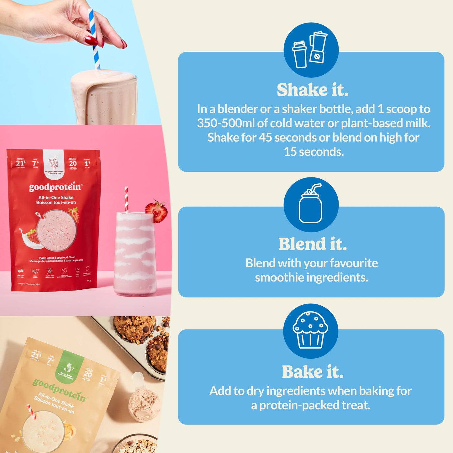 Good Protein Vegan Plant-based Protein Powder 100% Natural, Non-GMO, Dairy-free, Gluten-free, Soy-free, No Added Sugar and Nothing Artificial. Strawberries & Cream All-in-One Shake 440 grams