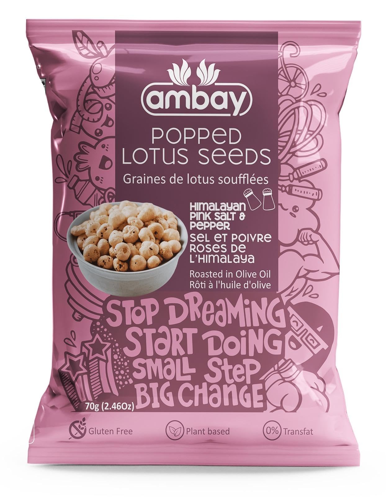 Ambay Popped Lotus Seeds, 70g, Trans-Fat Free, Gluten-Free, Vegan, Roasted in Olive Oil, 6 Flavours (Himalayan Pink Salt & Pepper)