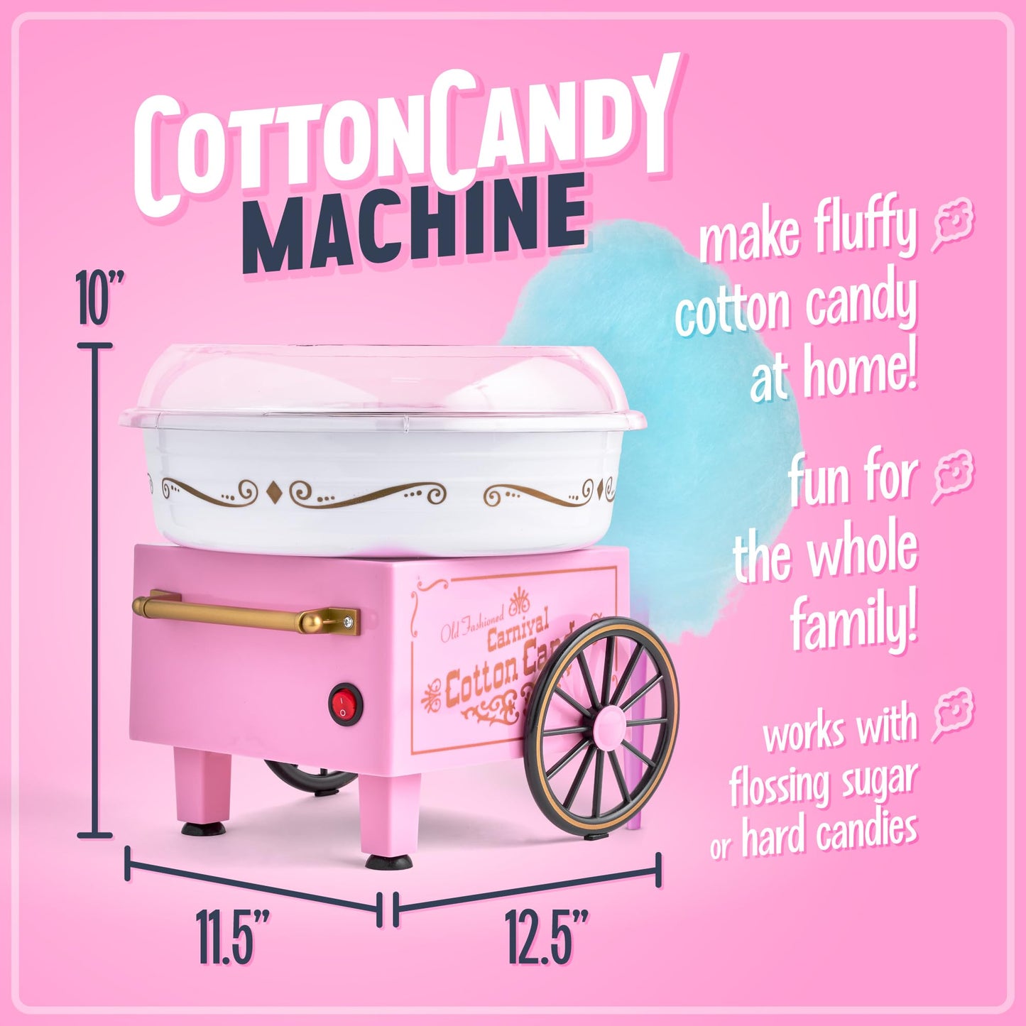 Nostalgia PCM306PK Vintage Hard and Sugar Free Countertop Original Cotton Candy Maker, Includes 2 Reusable Cones, Scoop – Pink