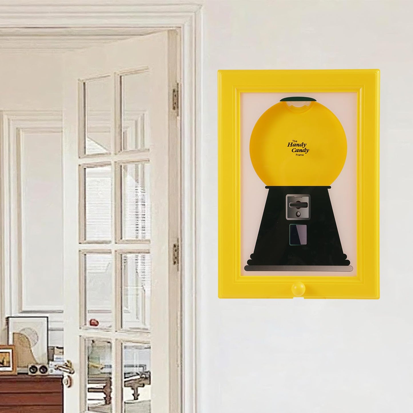 Candy Dispenser Picture Frame, Wall Mount Gumball Machine Creative Handy Candy Dispenser for Desk Countertop Adults & Children Room Decorative Sweet Display (Yellow)