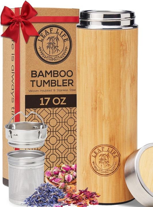 Leaflife Sustainable Bamboo Loose Leaf Tea Tumbler - 17oz Tea Bottle with Infuser - 12 Hrs Hot & Cold-Vacuum Insulated Stainless Steel Tea Gift for Women, Men - Tea Infuser Travel Mug with Lid