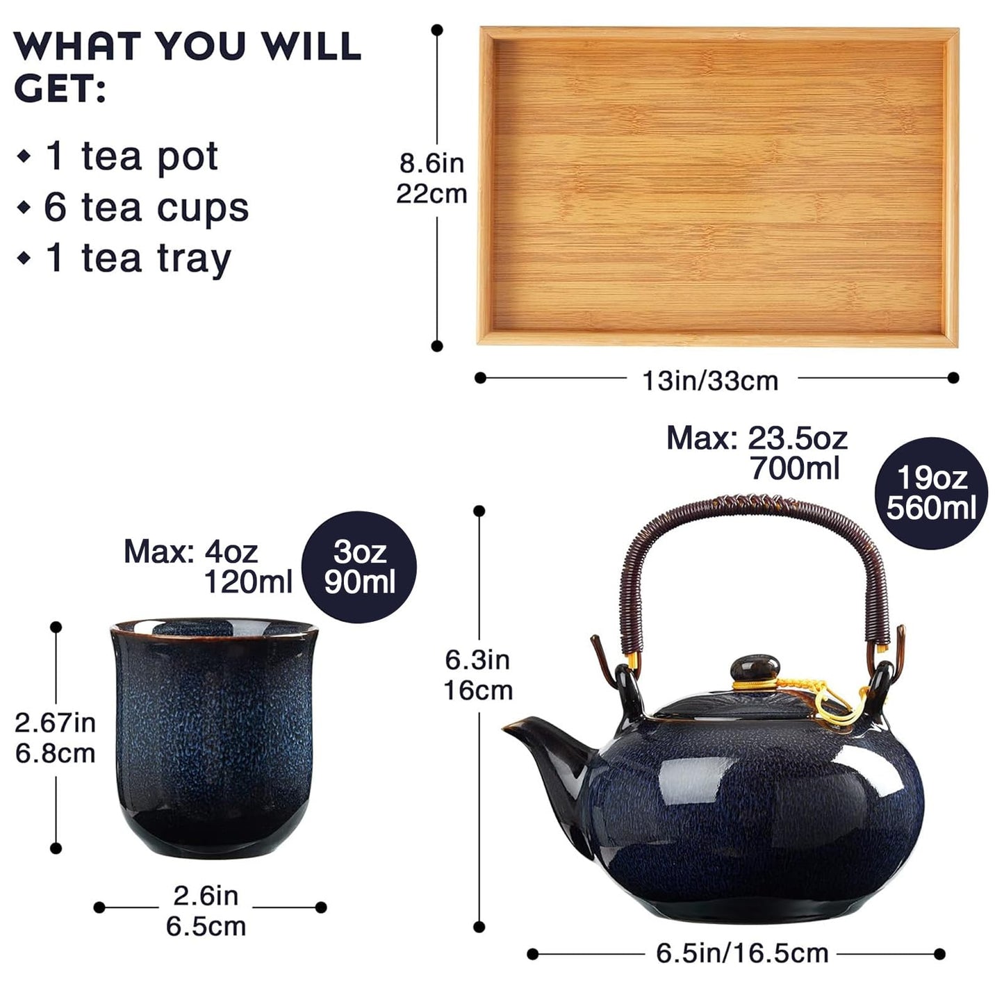 Service à Thé Japonais Dujust, Service à Thé en Porcelaine Noire avec 1 Théière, 6 Tasses à Thé, 1 Plateau de Service, 1 Infuseur en Acier Inoxydable, Magnifique Service à Thé Asiatique pour les Amateurs de Thé/Femmes/Hommes (Campagne Dorée)