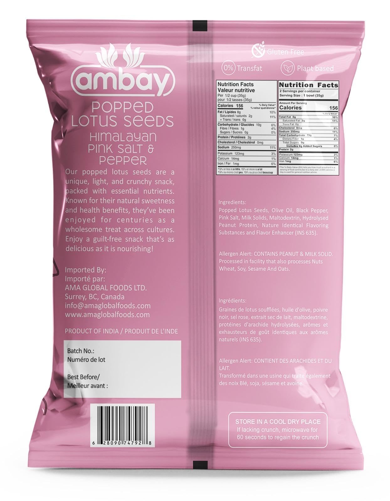 Ambay Popped Lotus Seeds, 70g, Trans-Fat Free, Gluten-Free, Vegan, Roasted in Olive Oil, 6 Flavours (Himalayan Pink Salt & Pepper)