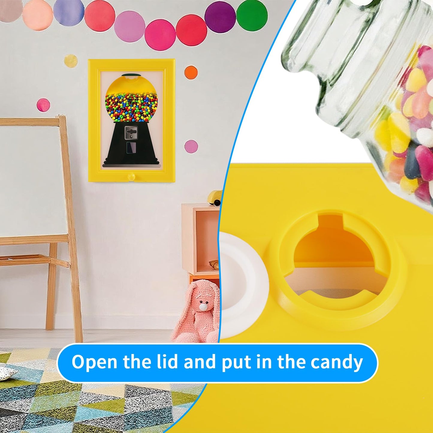 Candy Dispenser Picture Frame, Wall Mount Gumball Machine Creative Handy Candy Dispenser for Desk Countertop Adults & Children Room Decorative Sweet Display (Yellow)