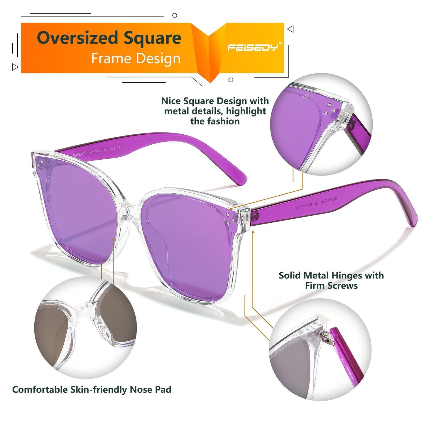 FEISEDY Lunettes de soleil polarisées carrées surdimensionnées rétro pour femmes et hommes, style minimaliste B2600
