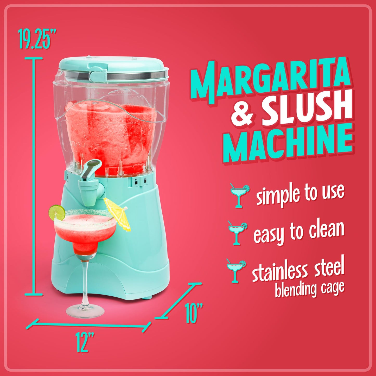 Nostalgia Margarita Maker et machine à granités 128 oz, Prépare un gallon de boissons glacées, Bec verseur en acier inoxydable et poignée de transport, Texture crémeuse, Double isolation, Facile à nettoyer, 1 gallon, Aqua