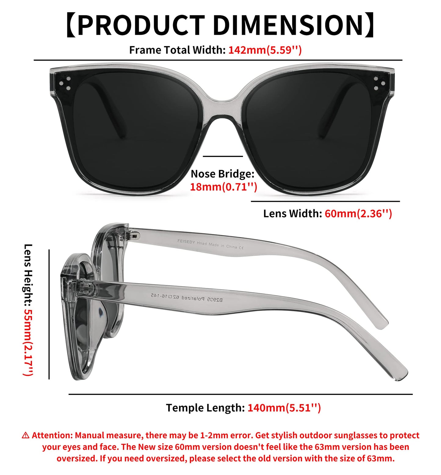 FEISEDY Lunettes de soleil polarisées carrées surdimensionnées rétro pour femmes et hommes, style minimaliste B2600