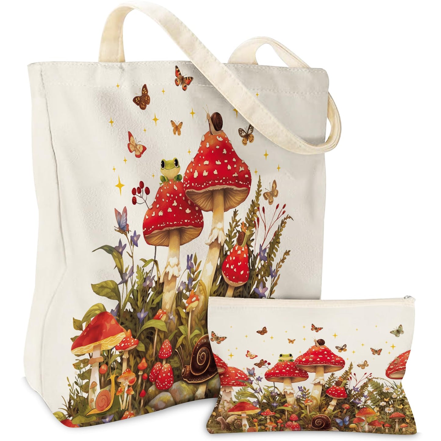 Wazzio Aesthetic Lot de 2 Sacs Fourre-Tout en Toile avec Trousse de Maquillage, Sacs de Courses Réutilisables pour le Shopping, la Salle de Sport, les Voyages, le Travail, les Vacances