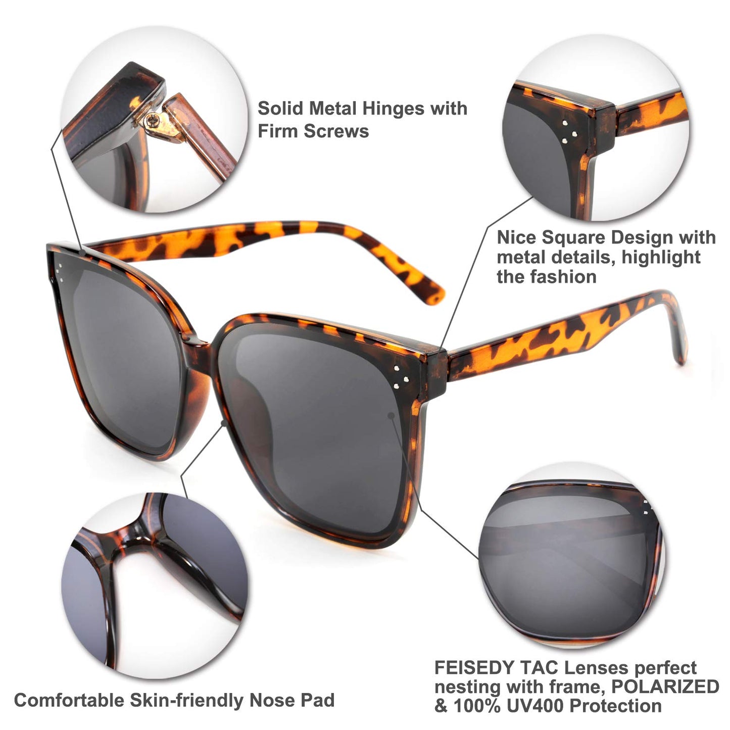 FEISEDY Lunettes de soleil polarisées carrées surdimensionnées rétro pour femmes et hommes, style minimaliste B2600