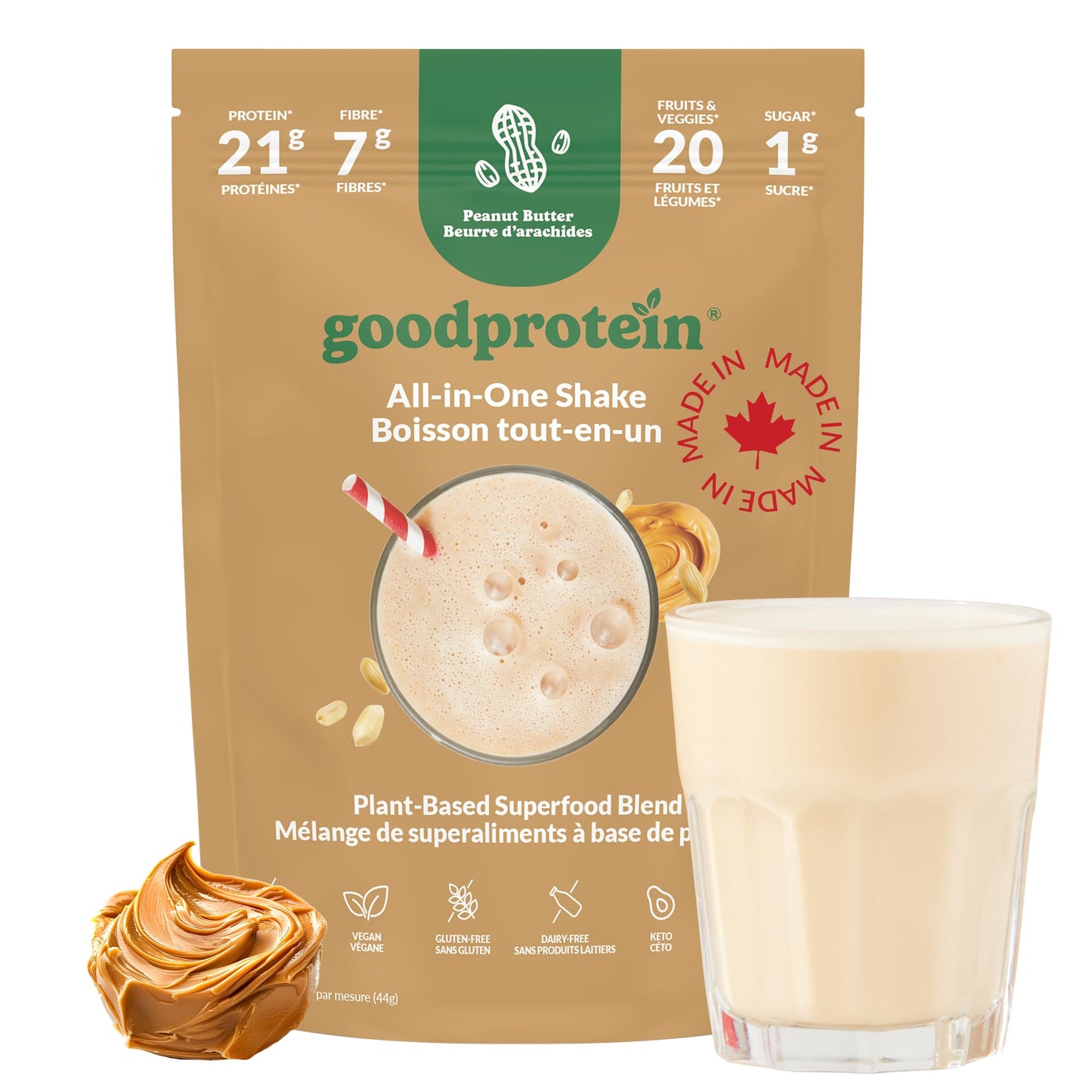 Good Protein Vegan Plant-based Protein Powder 100% Natural, Non-GMO, Dairy-free, Gluten-free, Soy-free, No Added Sugar and Nothing Artificial. Strawberries & Cream All-in-One Shake 440 grams
