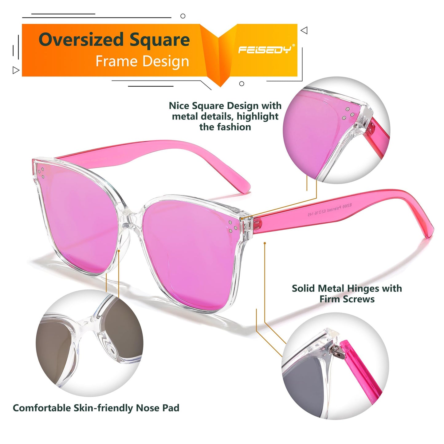 FEISEDY Lunettes de soleil polarisées carrées surdimensionnées rétro pour femmes et hommes, style minimaliste B2600