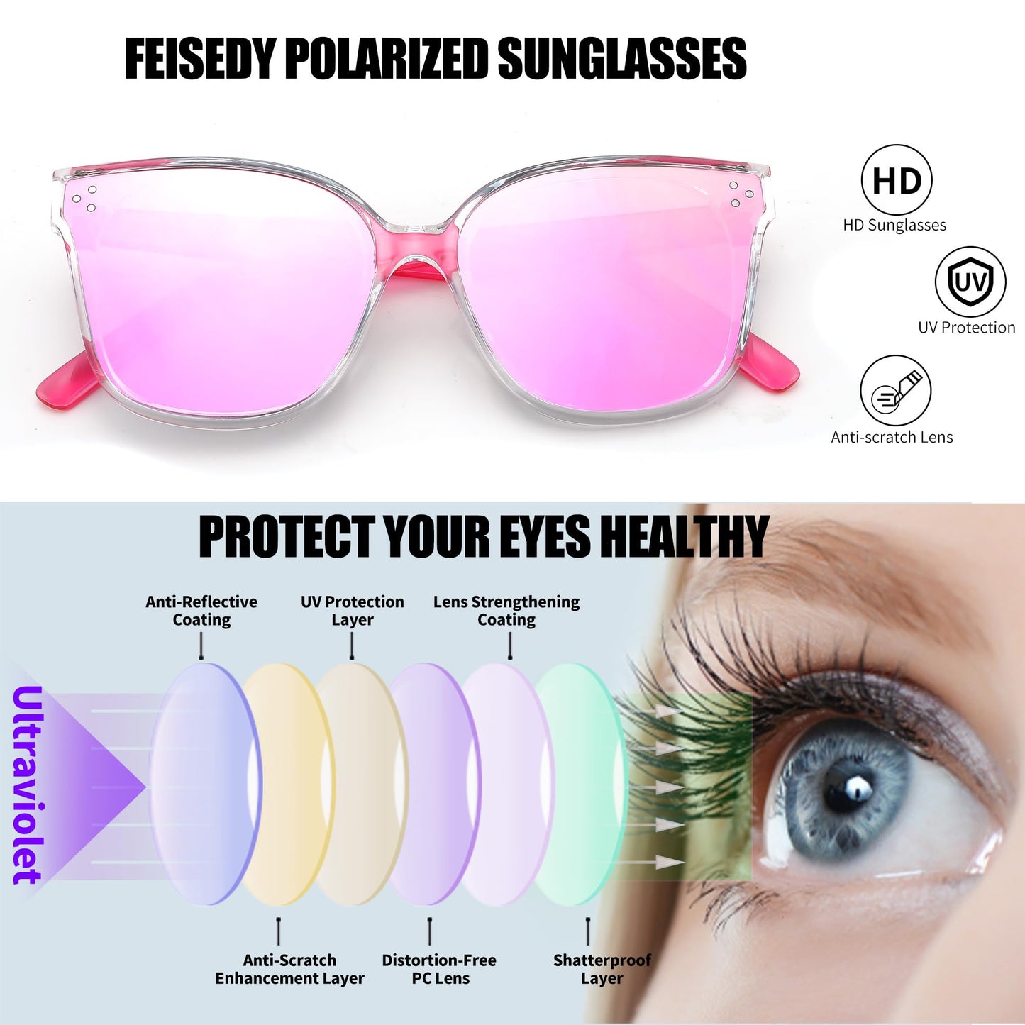 FEISEDY Lunettes de soleil polarisées carrées surdimensionnées rétro pour femmes et hommes, style minimaliste B2600