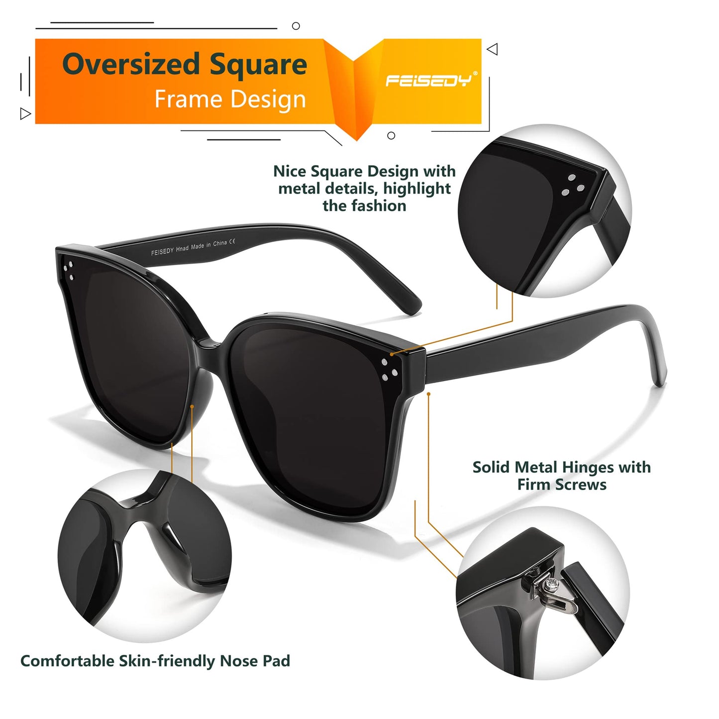 FEISEDY Lunettes de soleil polarisées carrées surdimensionnées rétro pour femmes et hommes, style minimaliste B2600