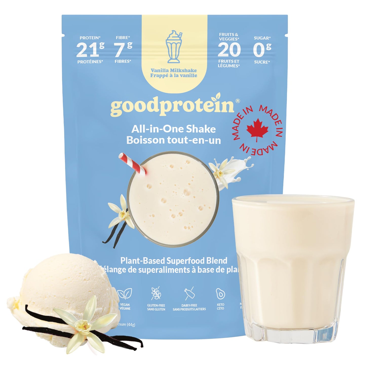 Good Protein Vegan Plant-based Protein Powder 100% Natural, Non-GMO, Dairy-free, Gluten-free, Soy-free, No Added Sugar and Nothing Artificial. Strawberries & Cream All-in-One Shake 440 grams