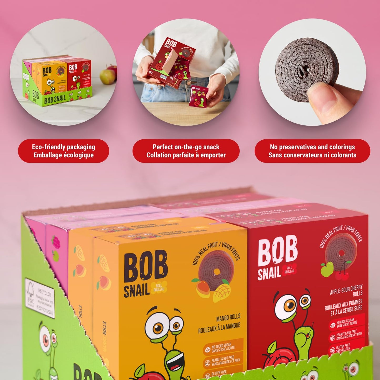 Bob Snail Fruit Roll Ups – Healthy Sweets Snacks, Real Dried Fruits, No Added Sugar, Vegan, Nut Free, Candy for Adults, Kids, with Blueberry, Raspberry, Strawberry – Bulk gift Box 80 pcs Rolls, 800g