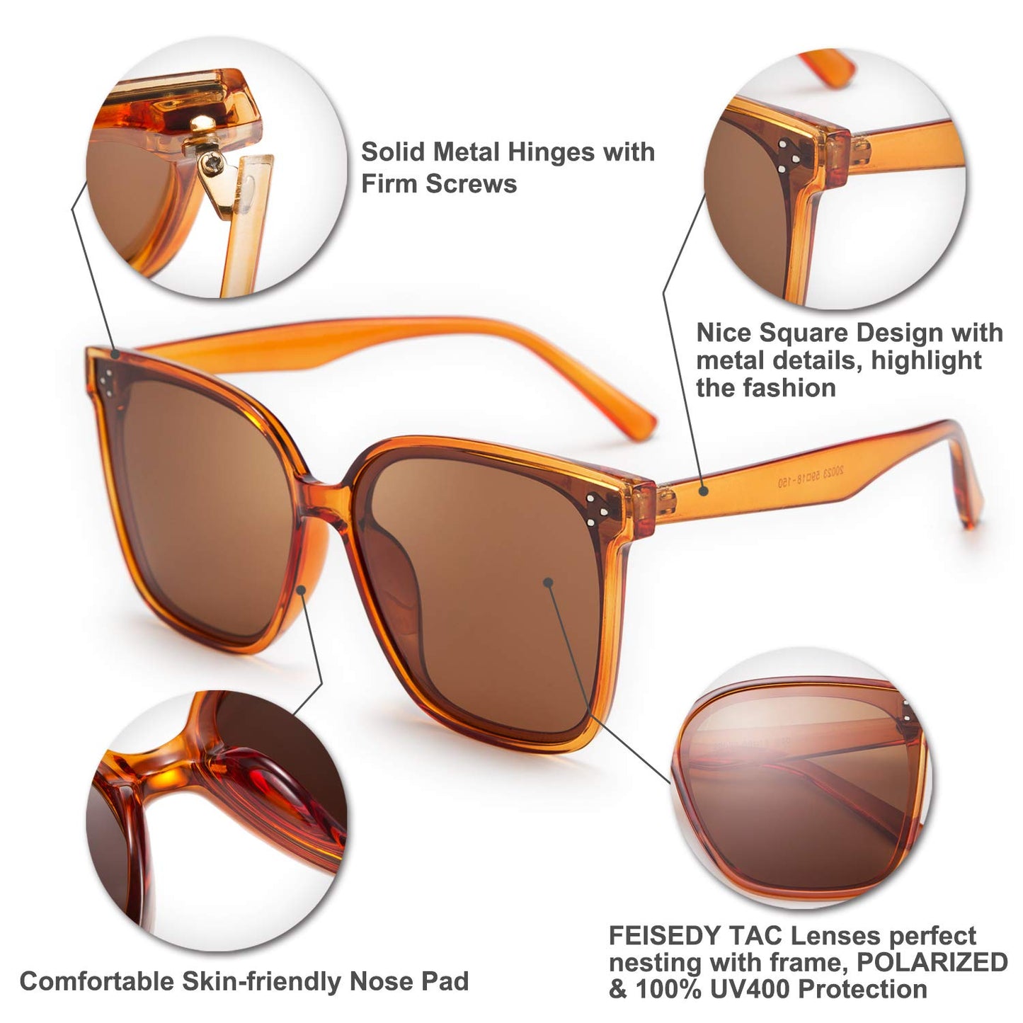 FEISEDY Lunettes de soleil polarisées carrées surdimensionnées rétro pour femmes et hommes, style minimaliste B2600