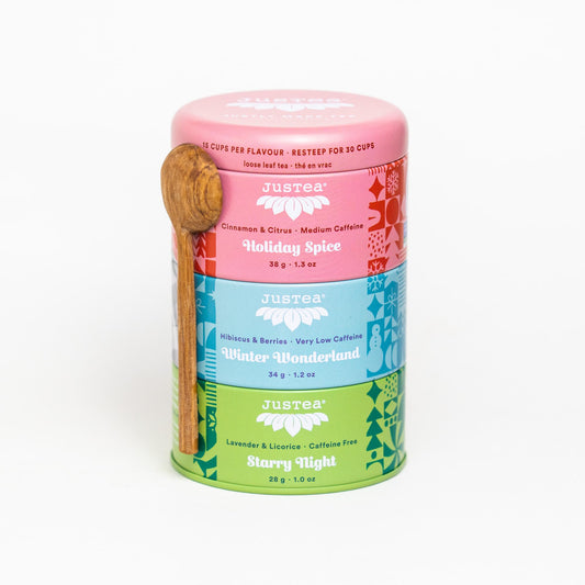 JusTea PURPLE TEA TRIO | 3 Flavour Tin Variety Pack with Hand Carved Tea Spoon| 45+ Cups of Loose Leaf Tea | Very Low Caffeine | Fair Trade | Non-GMO