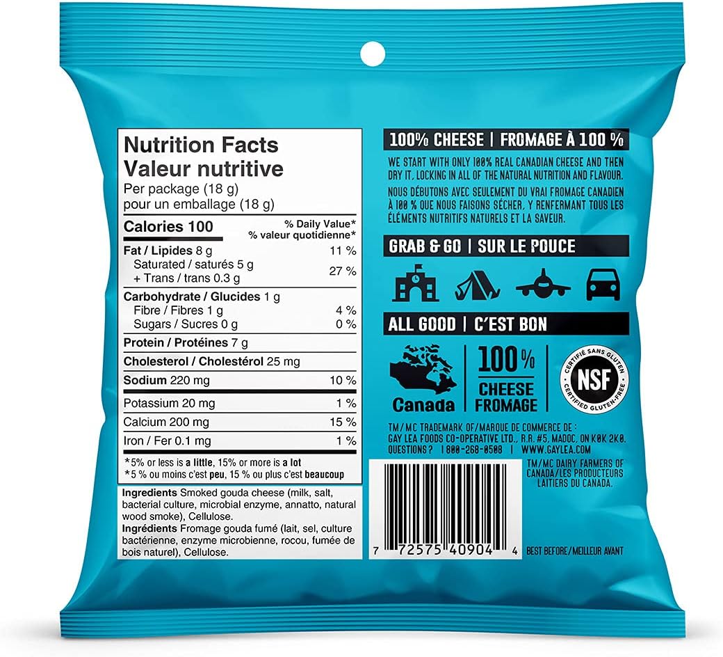 Ivanhoe Nothing But Cheese 100% Canadian Puffed High Protein Cheese Snacks, Smoked Gouda, (12x18g bags)